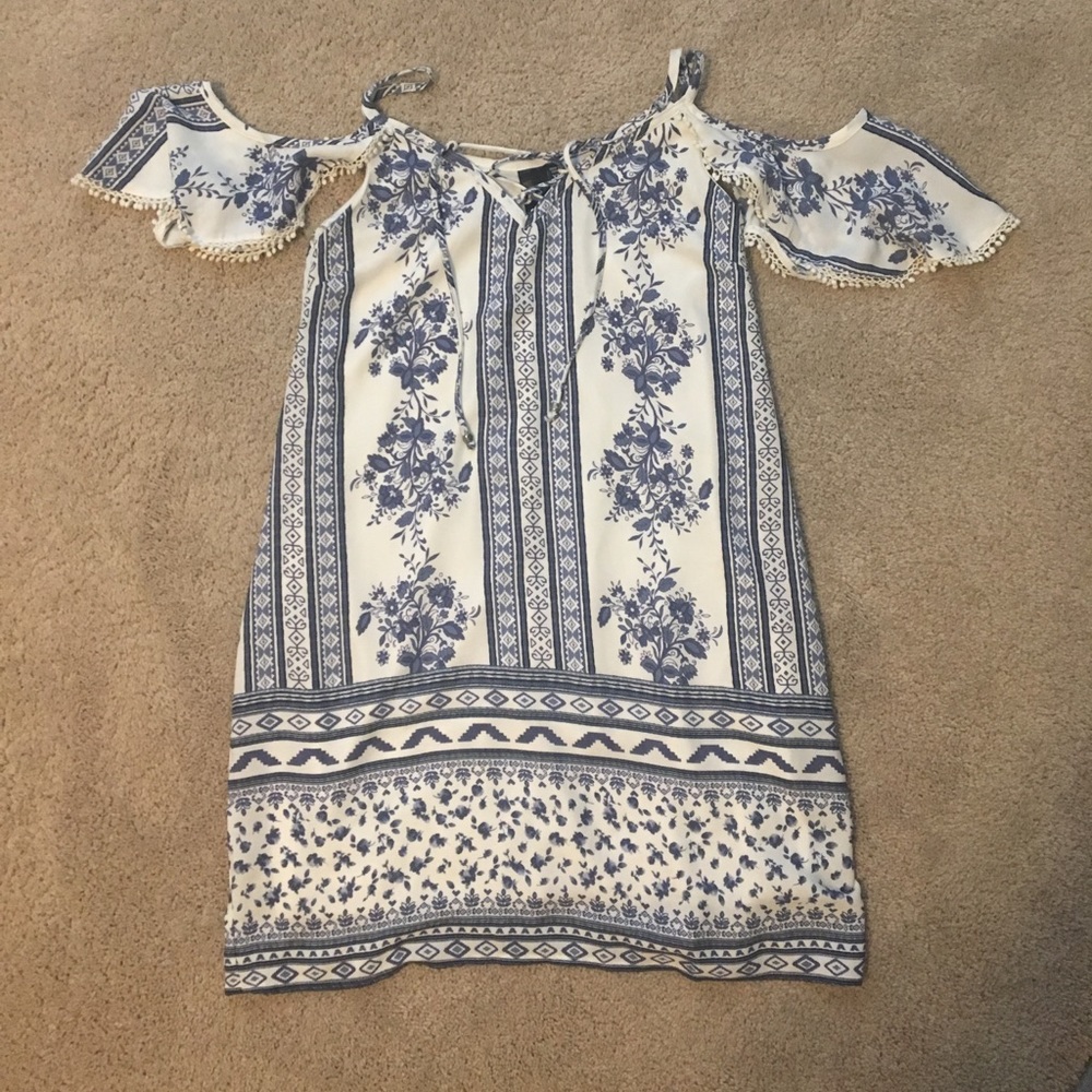 Blue and White Off-the-Shoulder Dress